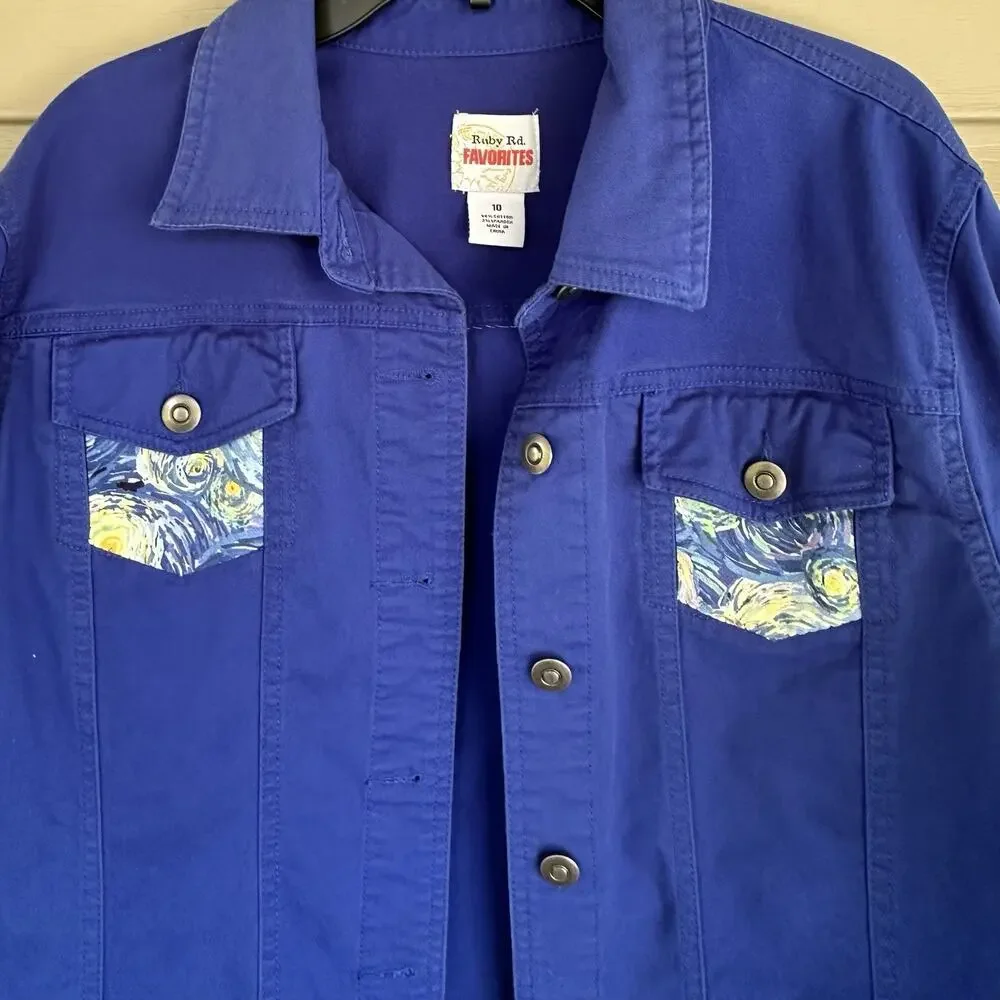 Royal Blue Upcycled Womens Jean Jacket Starry Night Size 10 Ruby Red